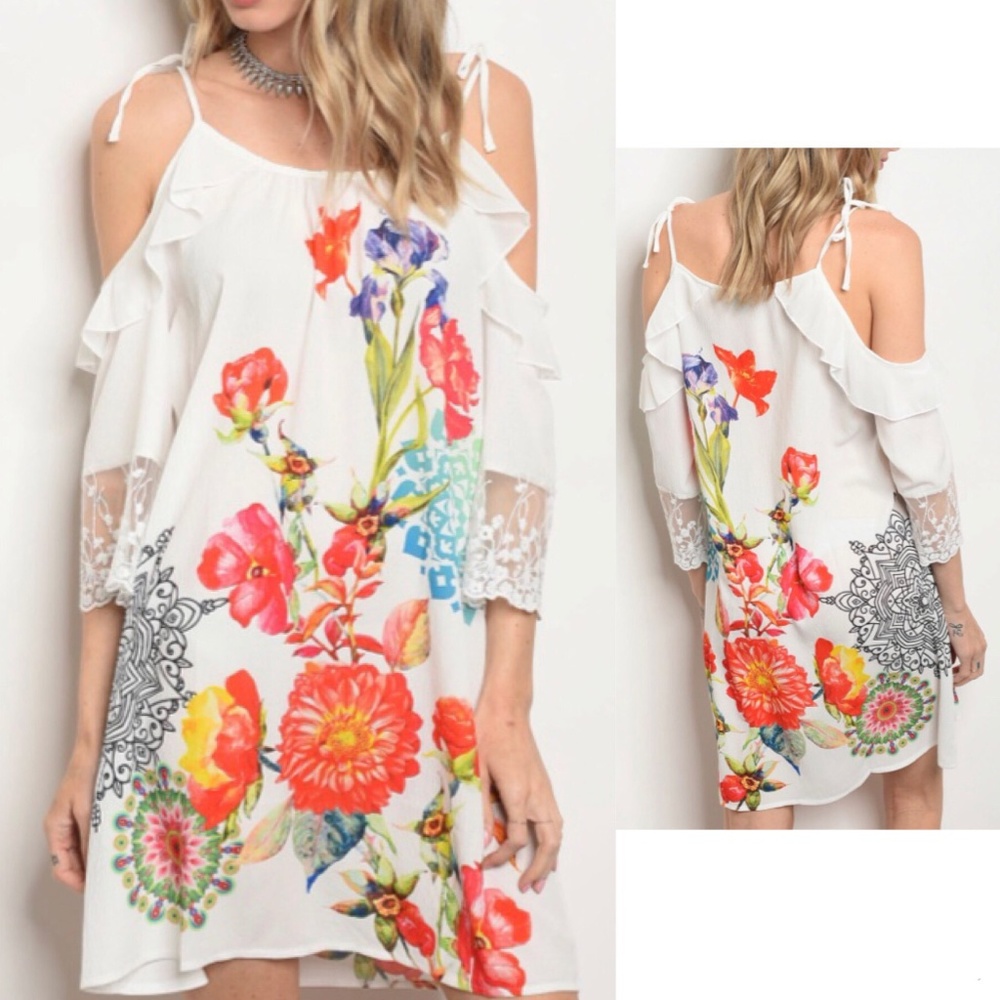 Floral Lace Detail White Cold Shoulder Dress - Picture 1 of 3